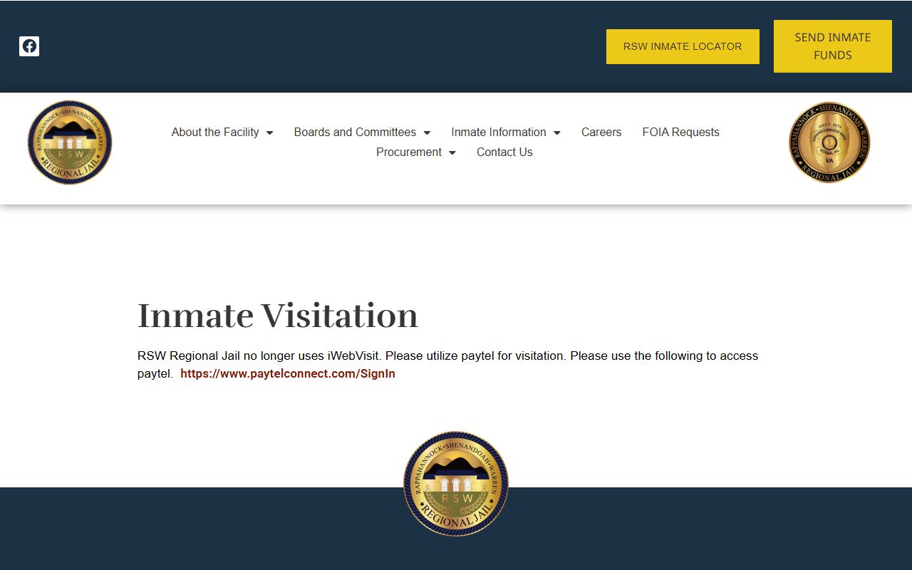 RSW Regional Jail Paytel visitation information for Shenandoah County inmates