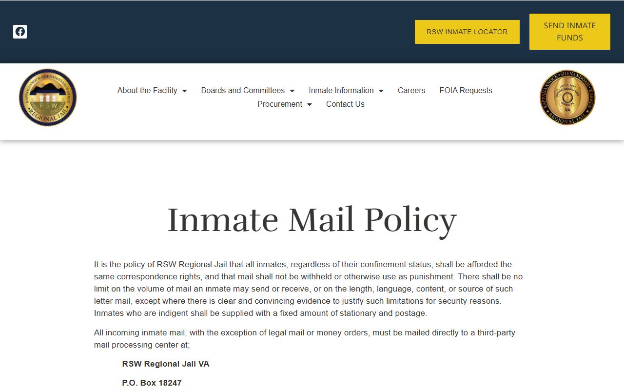 RSW Regional Jail mail policy for Shenandoah County inmate records and mail handling