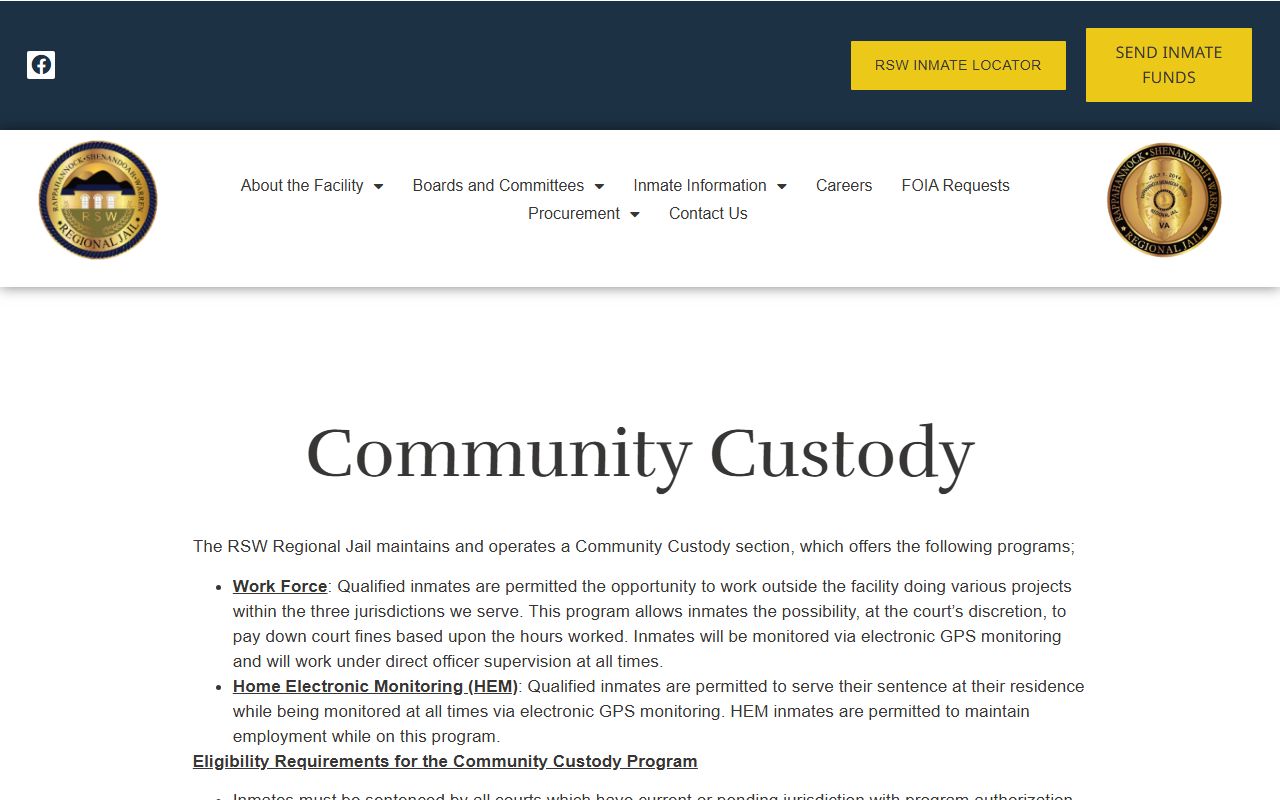 RSW Regional Jail community custody program information for Shenandoah County inmates